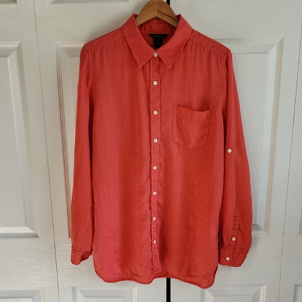 Moda International 100% Linen Coral Button-Down Shirt Size LG Lagenlook Office‎